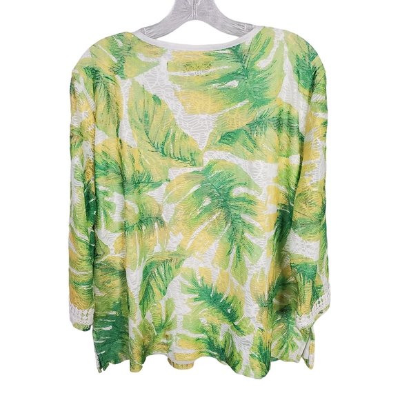Alfred Dunner Petite Size PXL Blouse Textured Tropical Palm Print Green V-notch - Picture 2 of 6